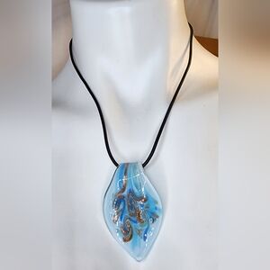 Artisan Blue and Gold Glass Swirl Pendant Necklace